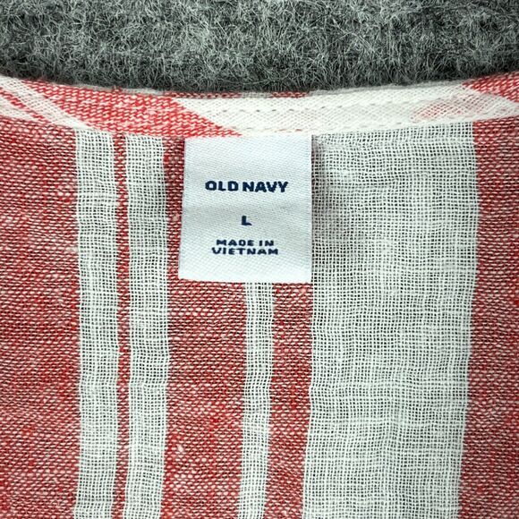 Old Navy Shirt Womens Large Red Wrap Chambray Basic Cotton Linen Striped Cropped - Picture 6 of 12